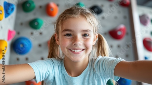 An energetic girl beams with joy at a colorful climbing wall in a gym, embodying enthusiasm and determination as she engages with her favorite physical activity. photo