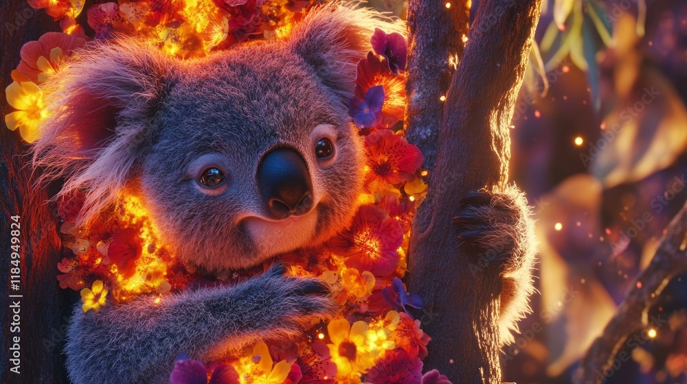 A charming koala embraces a tree, draped in a colorful array of flowers that burst with life. This enchanting moment captures the beauty of nature and the joy of wildlife A charming koala embraces a tree, draped in a colorful array of flowers that burst with life. This enchanting moment captures the beauty of nature and the joy of wildlife