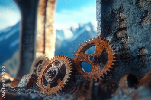 Rusty gears lie amidst ruins, hinting at a forgotten past against a backdrop of mountains. photo