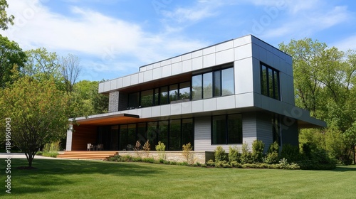 Wallpaper Mural Modern house, gray siding, large windows, green lawn. Torontodigital.ca