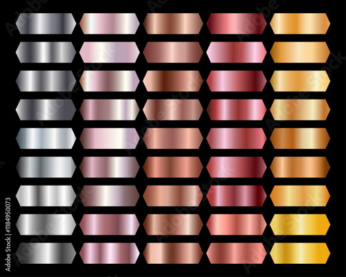 Collection foil. Luxury effect. Background. Ribbon. Set of metal gradients, gold, bronze, copper, silver, white gold, rose gold. Palette. Aluminum. Gradation. Texture chrome