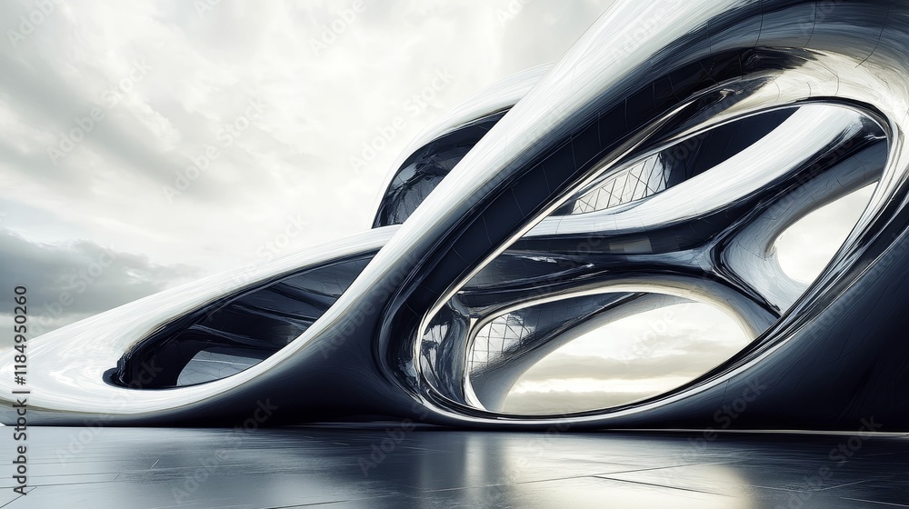 Fototapeta premium Futuristic metallic structure, swirling curves, cloudy sky.