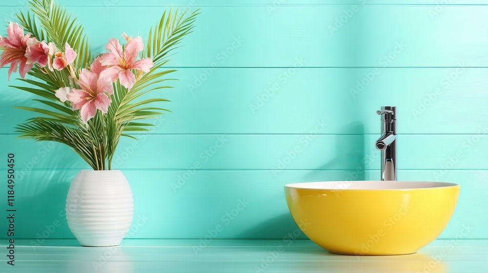 A stylish bathroom scene featuring a yellow bowl sink alongside lush foliage creates a tranquil and vibrant atmosphere, perfect for modern home decor enthusiasts. A stylish bathroom scene featuring a yellow bowl sink alongside lush foliage creates a tranquil and vibrant atmosphere, perfect for modern home decor enthusiasts.