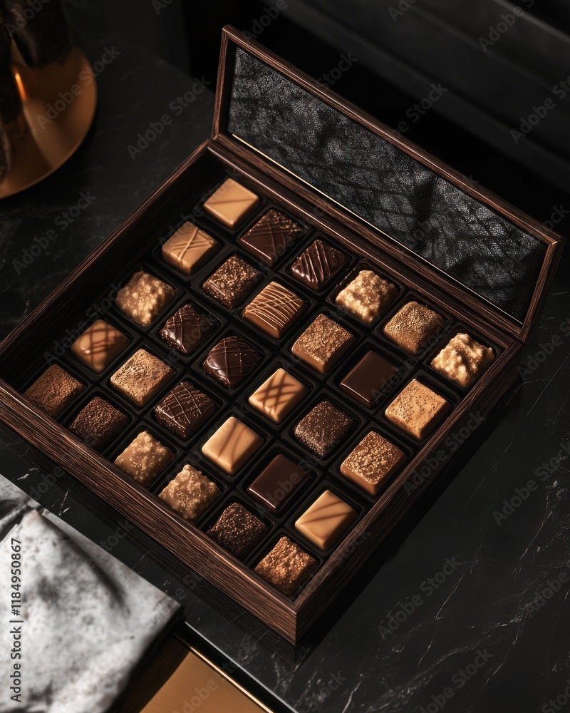A luxurious assortment of gourmet chocolates presented in an elegant box, showcasing various textures and designs. A luxurious assortment of gourmet chocolates presented in an elegant box, showcasing various textures and designs.