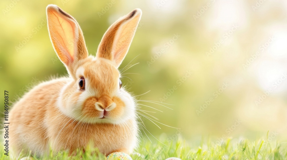 A small brown rabbit sitting in the grass with easter eggs A small brown rabbit sitting in the grass with easter eggs