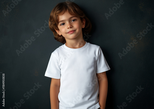 Portrait of a young brown-haired boy in white t-shirt on dark background. Can be used as a t-shirt mockup for your design, print or lettering