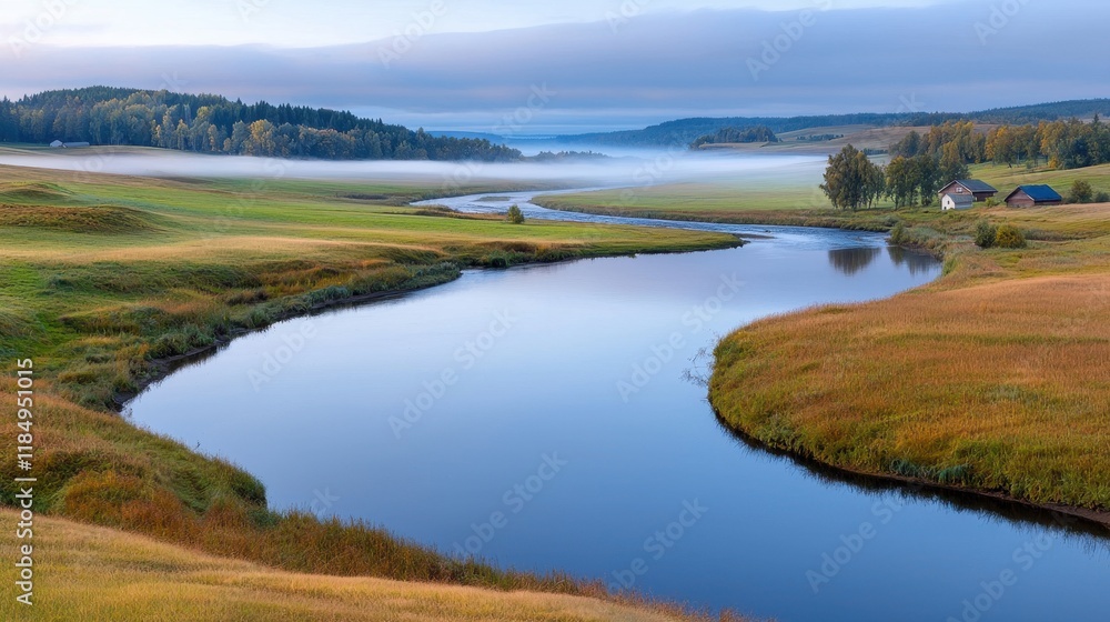 A river running through a grassy field next to a small house A river running through a grassy field next to a small house