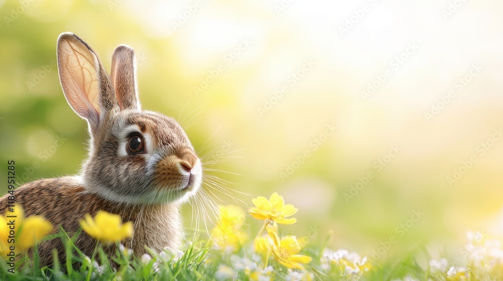 A small rabbit sitting in a field of yellow flowers A small rabbit sitting in a field of yellow flowers