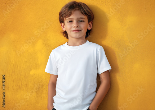 Portrait of a young brunette boy in white t-shirt. Can be used as a t-shirt mockup for your design, print or lettering	
