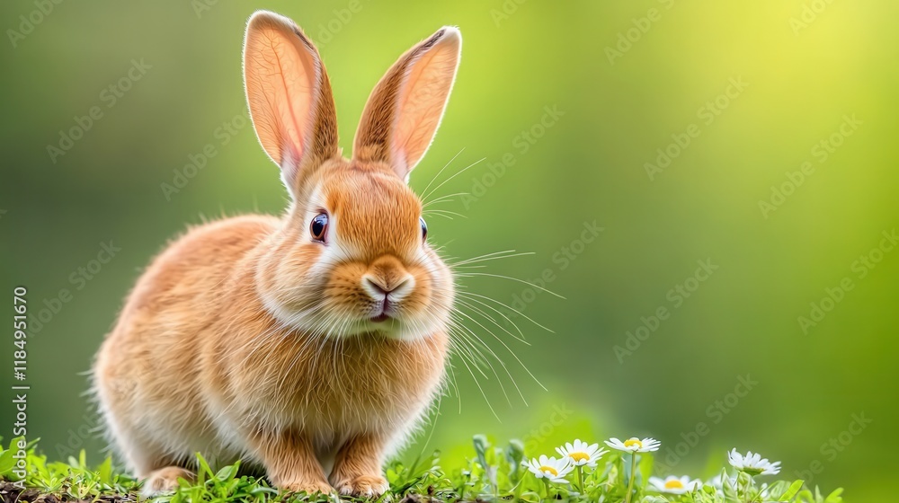 Fototapeta premium A small brown rabbit sitting in the grass with daisies