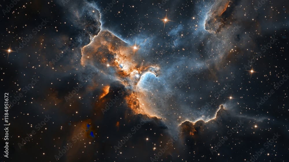 Fototapeta premium Stunning cosmic nebula illuminated by bright stars, showcasing intricate gas clouds and vibrant colors.