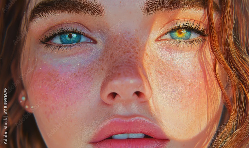 custom made wallpaper toronto digitalThe portrait of a young woman with vibrant freckles on her face, emphasizing the beauty in natural skin conditions.