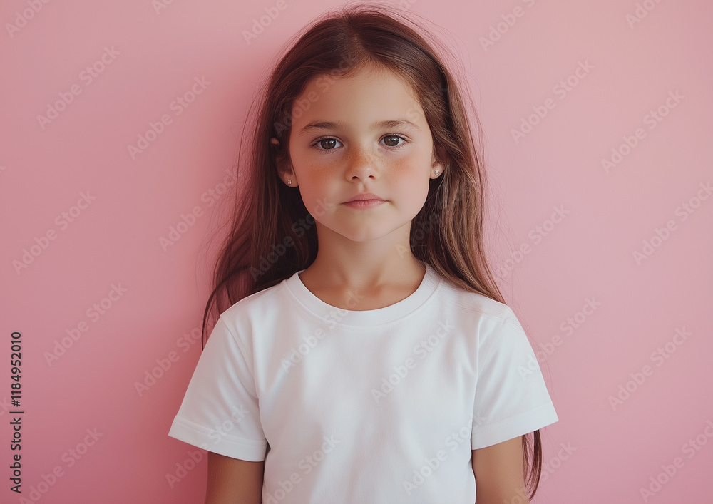 Portrait of a little brunette girl in white t-shirt. Can be used as a t-shirt mockup for your design, print or lettering
Portrait of a little brunette girl in white t-shirt. Can be used as a t-shirt mockup for your design, print or lettering