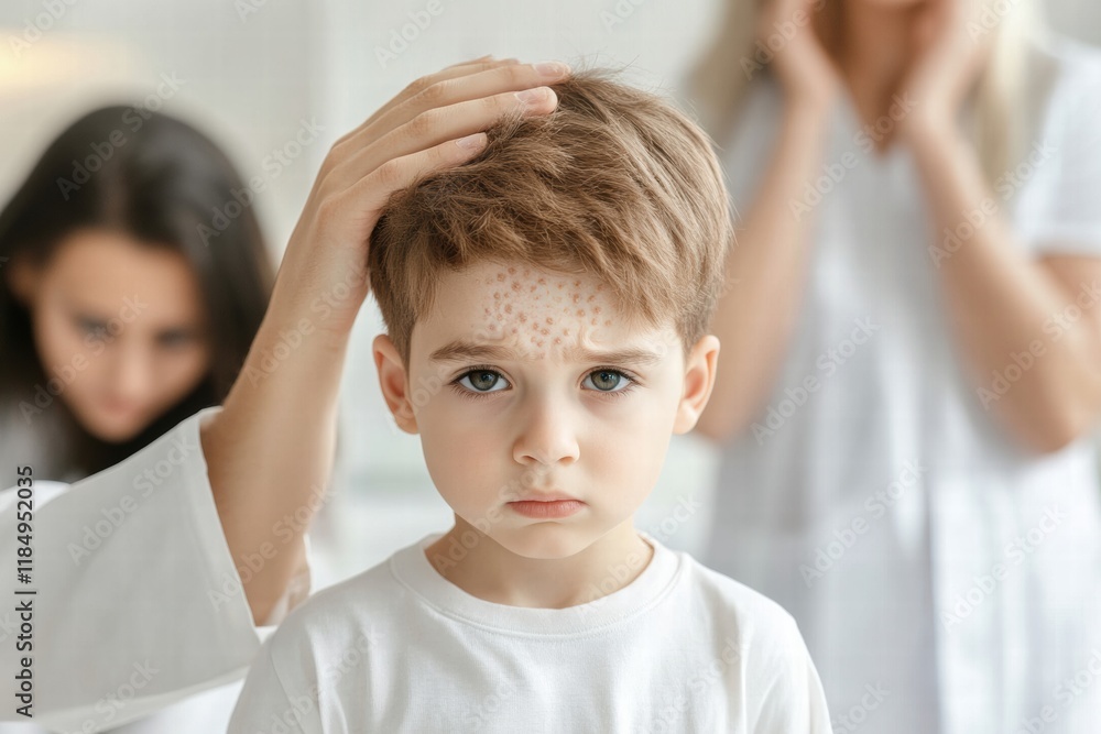 Concerned parents seek help for child with scaly scalp condition caused by microsporia in medical setting Concerned parents seek help for child with scaly scalp condition caused by microsporia in medical setting