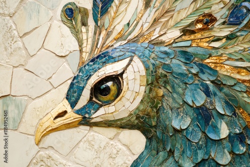 A detailed mosaic artwork depicting the head and feathers of a peacock, vibrant colors and intricate detail.