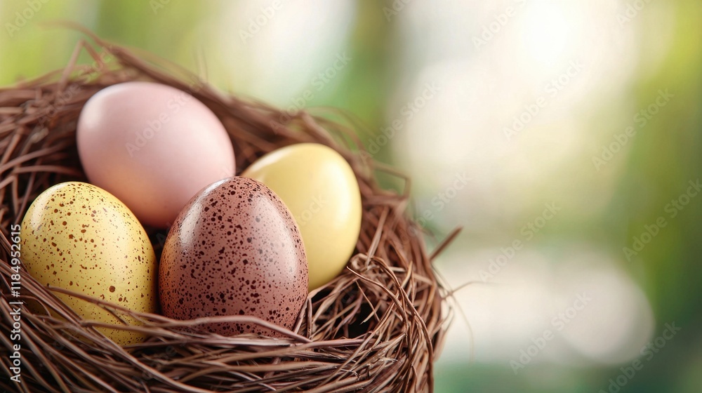 Obraz premium A nest filled with four different colored eggs sitting on top of a table