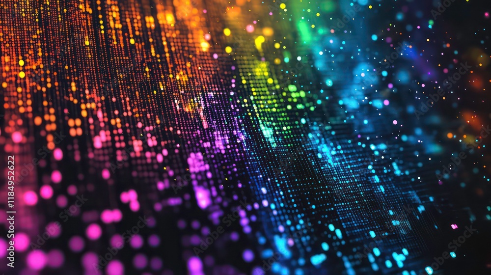 Abstract rainbow digital data stream with glowing particles and bokeh effect. Abstract rainbow digital data stream with glowing particles and bokeh effect.