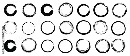 Grunge circles brush set. Black circle frames. Round line of black paint. Grunge round shapes. Circular ink brush stroke fro design elements. Vector illustration.
