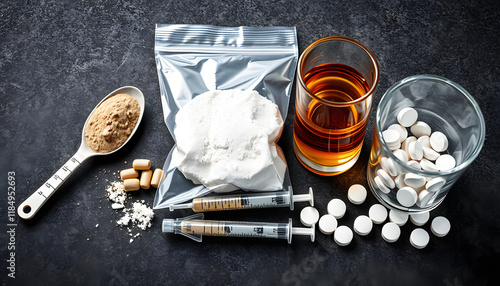 Narcotic substances in spoon, dope powder in transparent plastic bag, syringes with drugs dose, white pills and glass of alcohol drink on textured background. Concept of addiction and bad habits iso