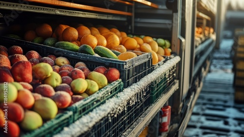 Fototapeta Naklejka Na Ścianę i Meble -  Fresh fruits in crates on a refrigerated truck in winter.
