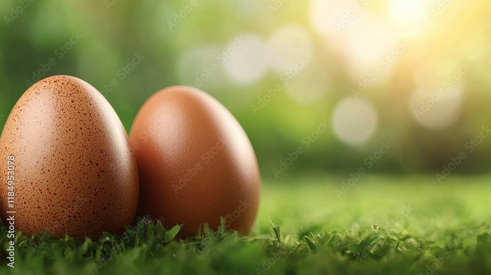 Two brown eggs sitting on top of a lush green field Two brown eggs sitting on top of a lush green field