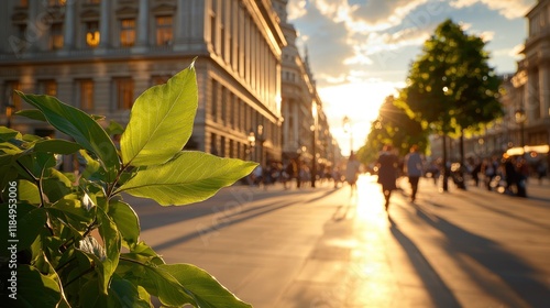 A city street with people walking down it at sunset