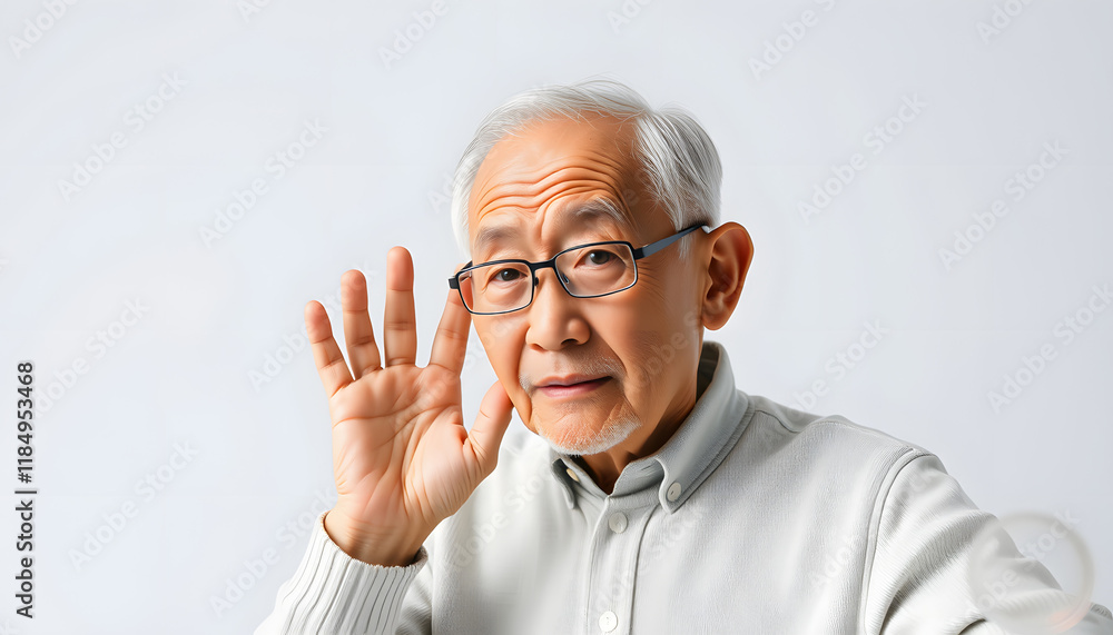 Hearing loss problem, Asian old man with hand on ears gesture trying to listen, Aging senior decline in hearing ability, Elderly health problems concept isolated with white highlights, png Hearing loss problem, Asian old man with hand on ears gesture trying to listen, Aging senior decline in hearing ability, Elderly health problems concept isolated with white highlights, png