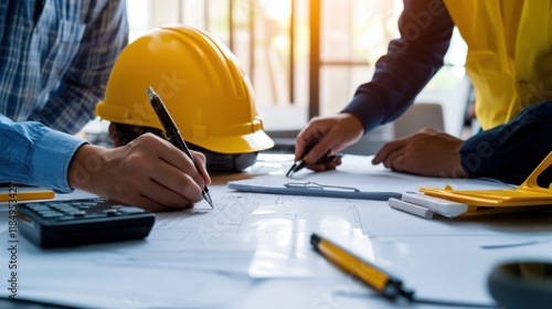 Engineers designing a layout for an open-pit mine expansion project