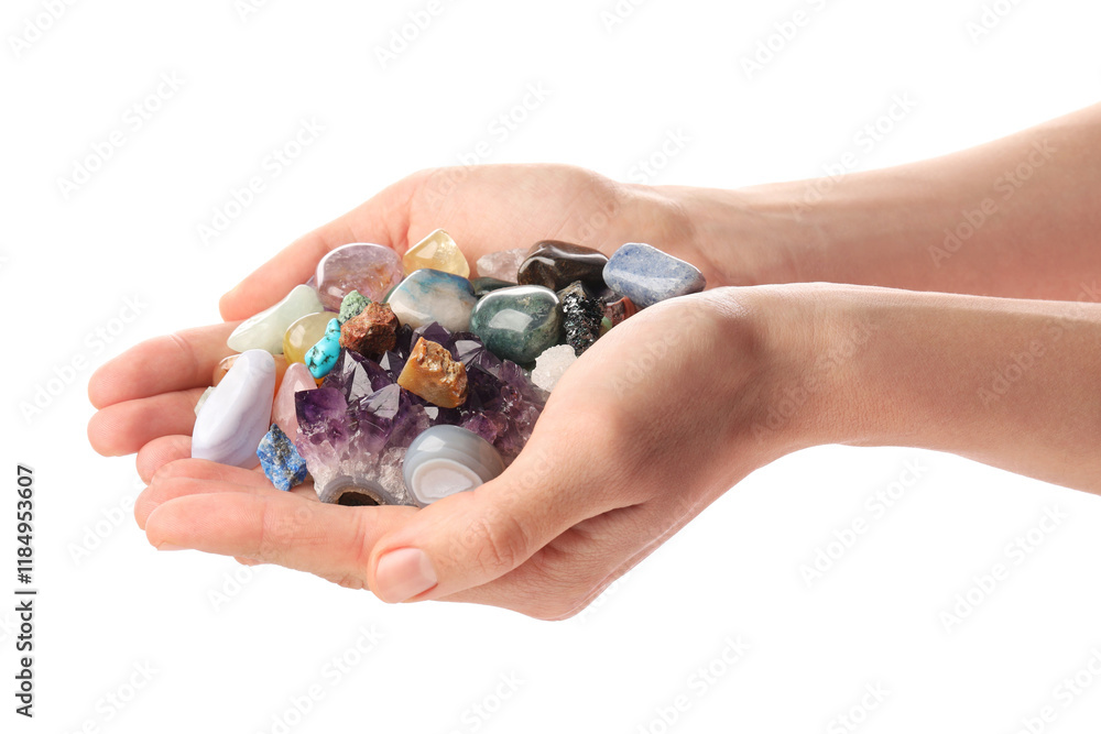 Woman holding different natural mineral stones on white background, closeup Woman holding different natural mineral stones on white background, closeup