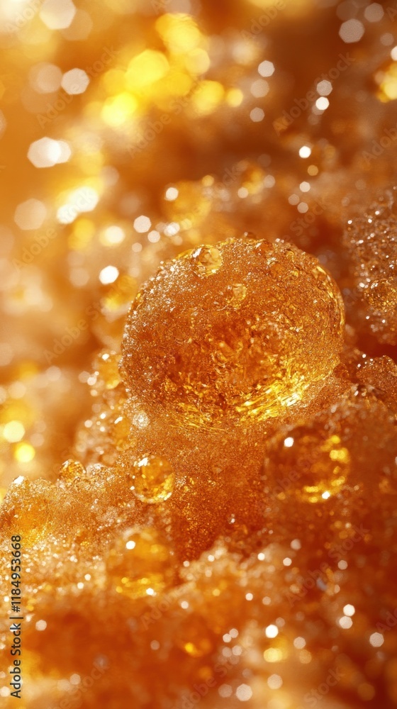 Close-up view of golden honey or caramel droplets, glistening and textured. Close-up view of golden honey or caramel droplets, glistening and textured.