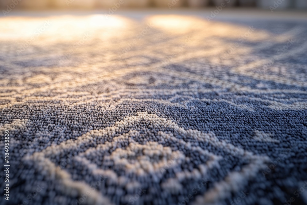 Close-up view of a textured carpet with soft, gray and beige tones illuminated by sunlight. Close-up view of a textured carpet with soft, gray and beige tones illuminated by sunlight.