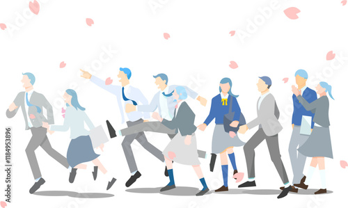桜の花と歩いたり走る学生男女ー横顔ー全身ー卒業ー入学ー人物シンプル線画ベクターイラスト素材
