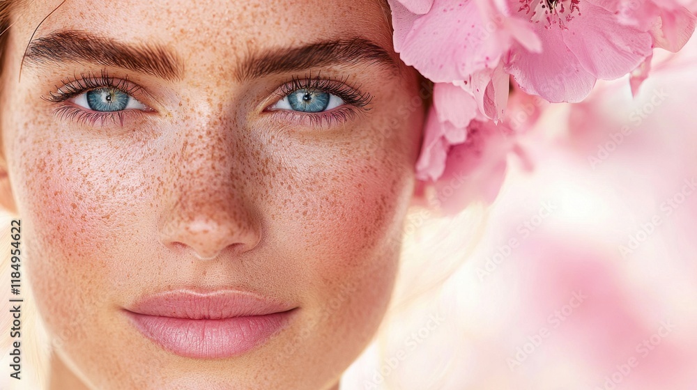 A woman with freckles and a flower in her hair A woman with freckles and a flower in her hair