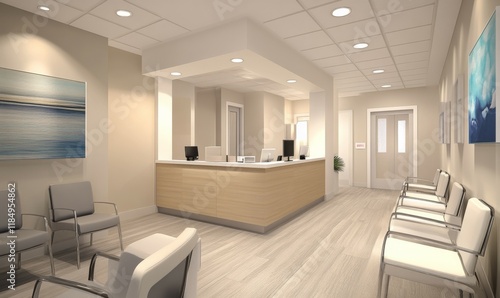 This image depicts a clean and modern waiting room of a dental clinic. The room is equipped with multiple seating chairs for patients photo