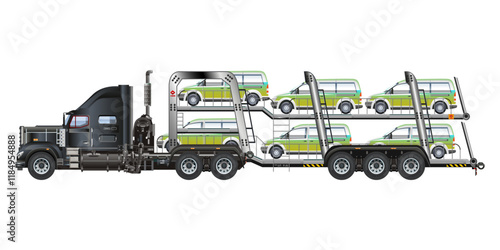 Car carrier trailer, big rig car hauler semi trailer truck transporting cars on two levels 3D vector illustration
