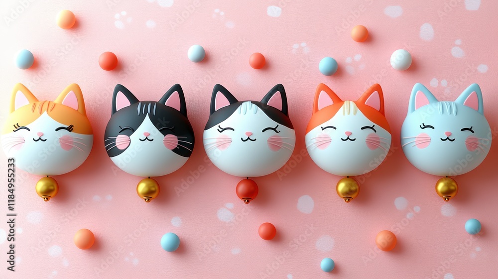 Obraz premium Five cute cartoon cats in a row on pink background.