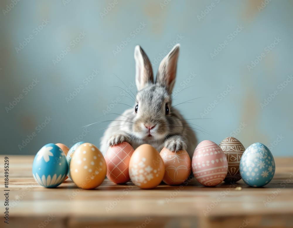 Cute bunny with Easter eggs. Festive spring scene with floral eggs and flowers. Happy Easter, spring celebration concept. Adorable pet for holiday card, poster with copy space Cute bunny with Easter eggs. Festive spring scene with floral eggs and flowers. Happy Easter, spring celebration concept. Adorable pet for holiday card, poster with copy space
