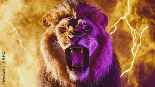 Fearless strong powerful lion king animal roaring with yellow and purple thunderbolts. majestic and dangerous predator cat, fearless and powerful aggressive beast, fierce leader. photo