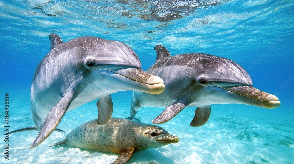 Obraz premium A couple of dolphins and a seal swimming in the ocean