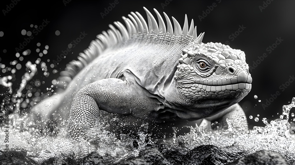 Fototapeta premium A close-up of an iguana emerging from water, captured in black and white, highlighting its textures and dynamic movement.