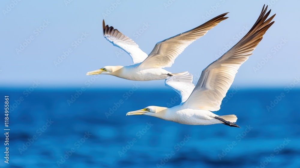 Obraz premium A couple of birds flying over a body of water