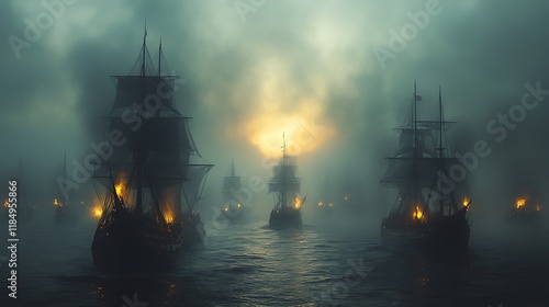 Wallpaper Mural Ancient Ships Sailing Through A Misty Sunset Sea Torontodigital.ca