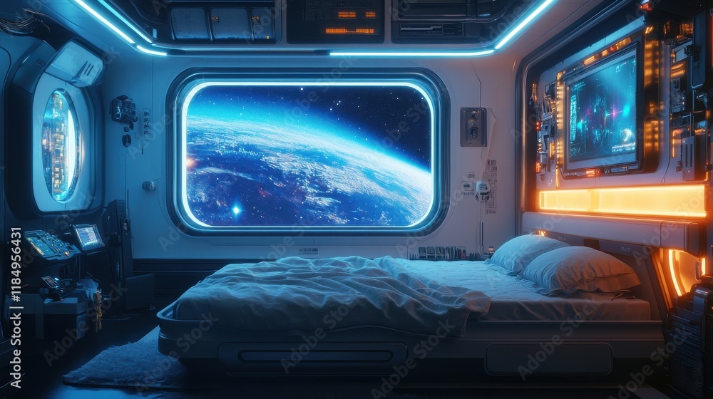 Obraz premium Futuristic bedroom with glowing blue lights and a stunning view of Earth from space.