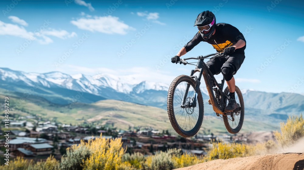 Fototapeta premium Mountain biker performing a jump on a dirt trail with snowy mountains in the background