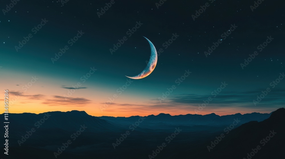 A serene crescent moon hangs over tranquil mountains at twilight, illuminating the starry sky. A serene crescent moon hangs over tranquil mountains at twilight, illuminating the starry sky.
