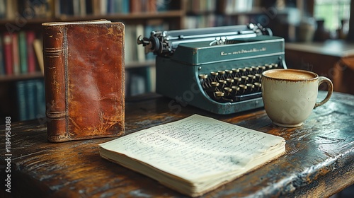 Vintage Typewriter, Leather-Bound Book, and a steaming cup of coffee on a wooden desk, creating a nostalgic scene of writing and reflection. photo