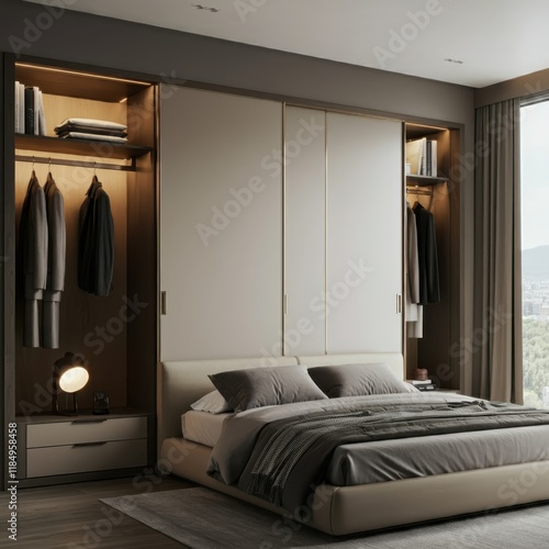 Wallpaper Mural modern minimalist bedroom, neutral tones, floor-to-ceiling windows, glass partition, built-in wooden headboard, textured bedding, pendant light, sleek design, natural light, wood paneling, cozy atmosp Torontodigital.ca