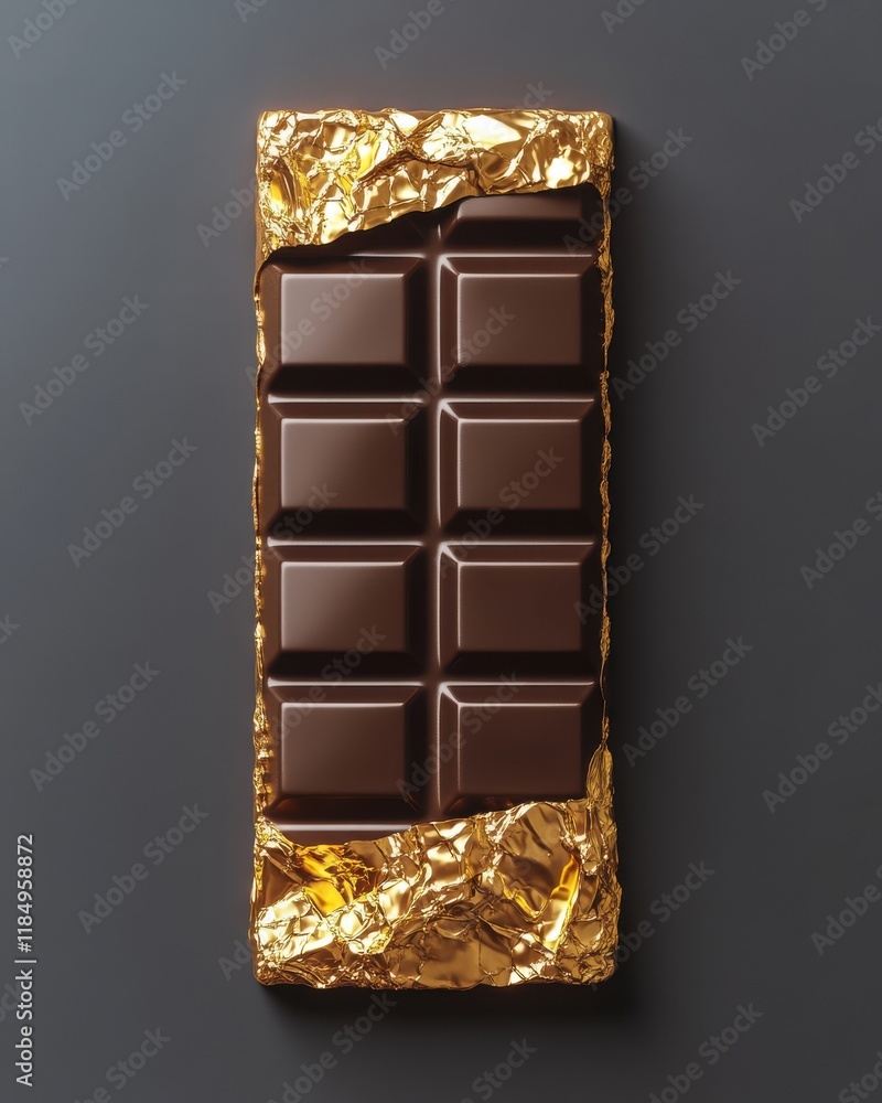 Obraz premium A delicious dark chocolate bar wrapped in shiny gold foil, perfect for indulgence.