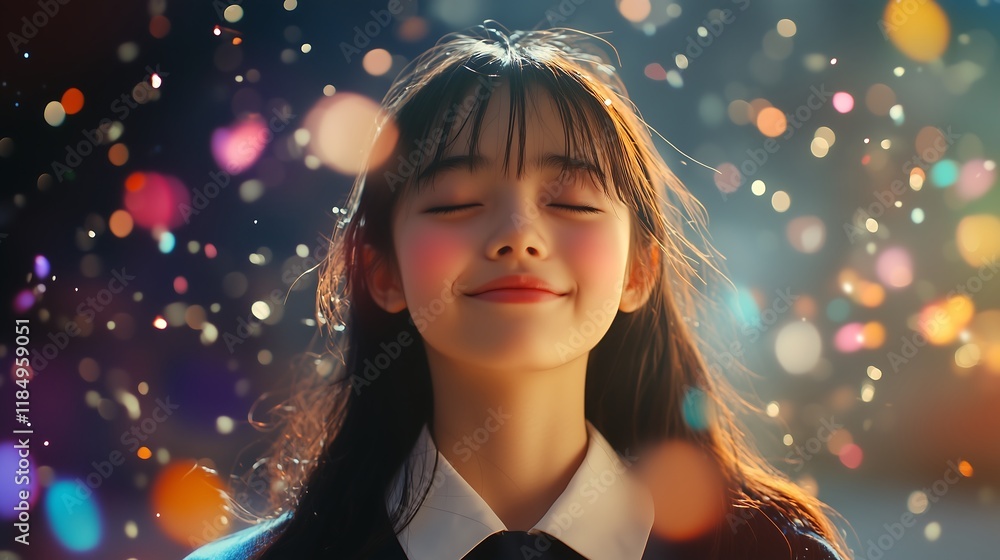 A cheerful young Asian girl with long hair smiles contentedly, surrounded by colorful bokeh lights. A cheerful young Asian girl with long hair smiles contentedly, surrounded by colorful bokeh lights.