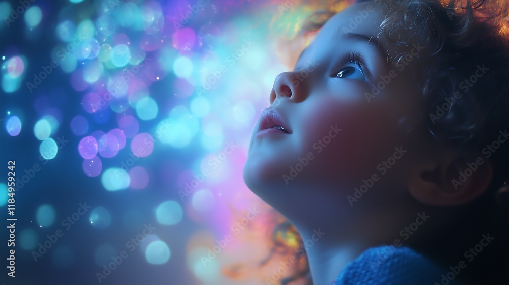 A curious young child gazes upwards, with sparkling lights creating a magical atmosphere around them. A curious young child gazes upwards, with sparkling lights creating a magical atmosphere around them.